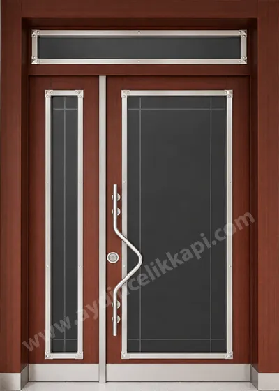 Ahşap görünümlü kompakt laminat kaplamalı, füme camlı asimetrik çift kanat apartman giriş kapısı V24